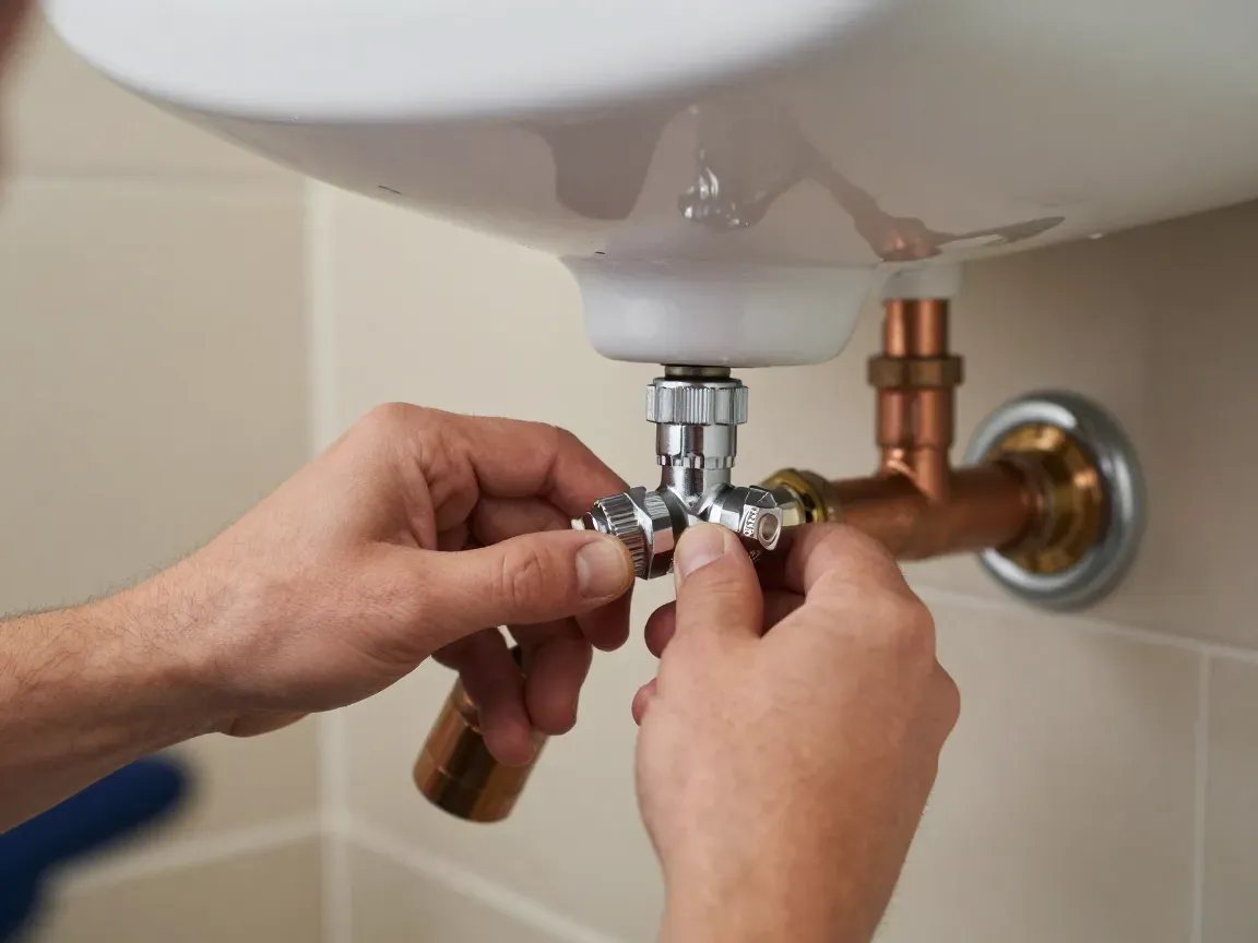 A plumber fitting a valve under a basin